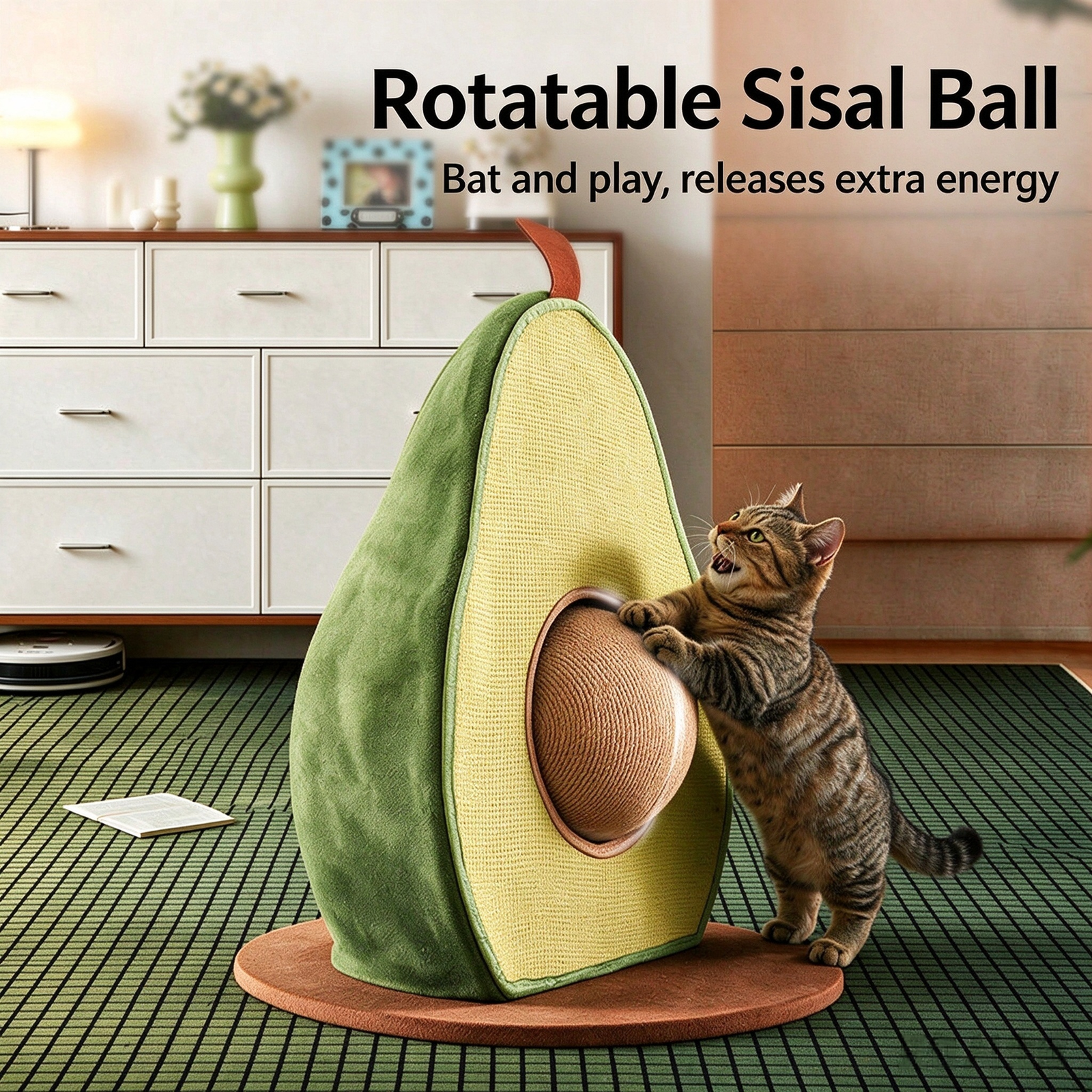 Avocado Vertical Cat Scratcher with 360° Rotating Sisal Ball – Anti-Tip Sisal Scratching Post & Interactive Toy - Image 5