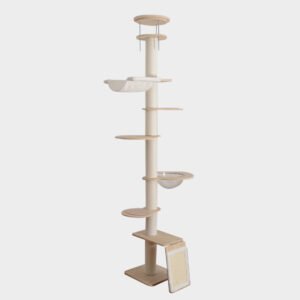 Tall Ceiling-Mounted Wooden Cat Tree - Multi-Level with Hammock, Space Capsule & Scratching Post